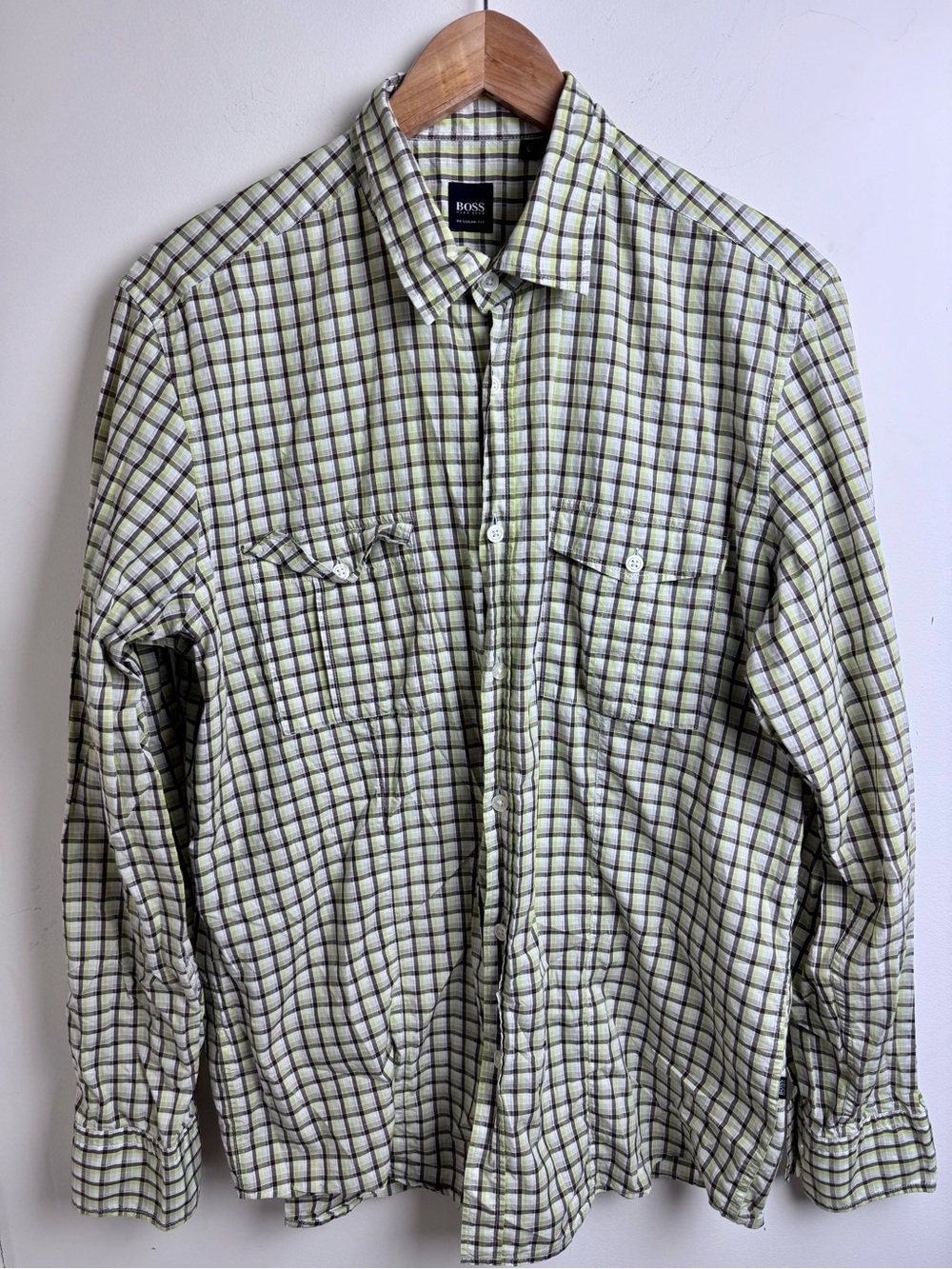 Boss Green Checked Long-Sleeve Button-Up Shirt Regular Fit Size L